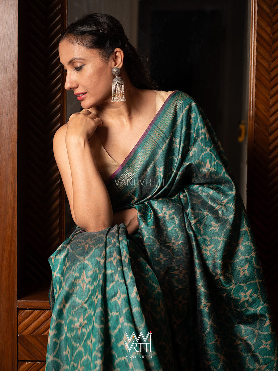 Deep Teal Green Chrysanthemum Master Weave Designer Handspun Ikat Tussar Silk Sari