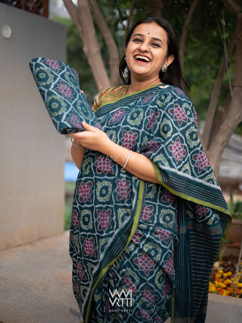 Deep Teal Blue Matsya Lily Cotton Ikat Saree