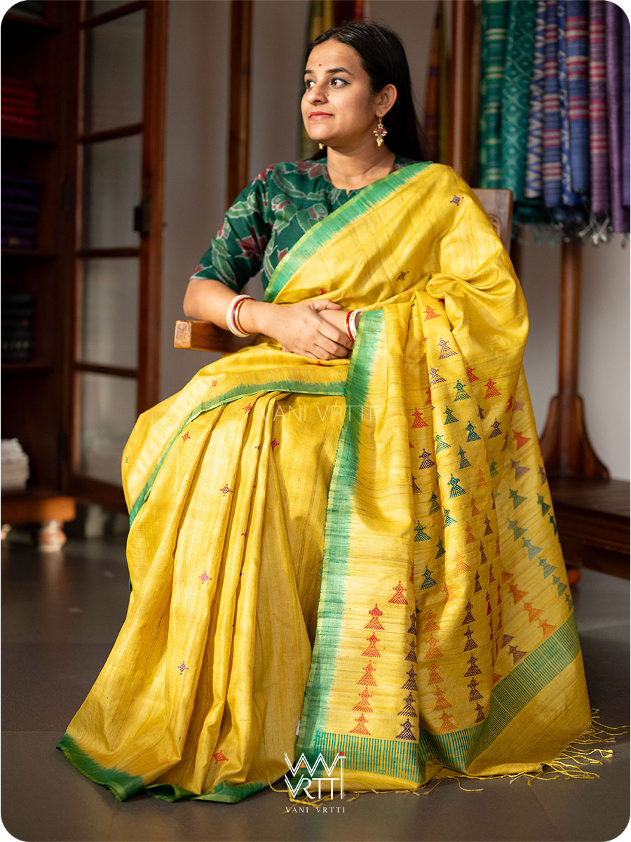 Lemon Yellow Deomali Kondha Handspun Tussar Silk Saree