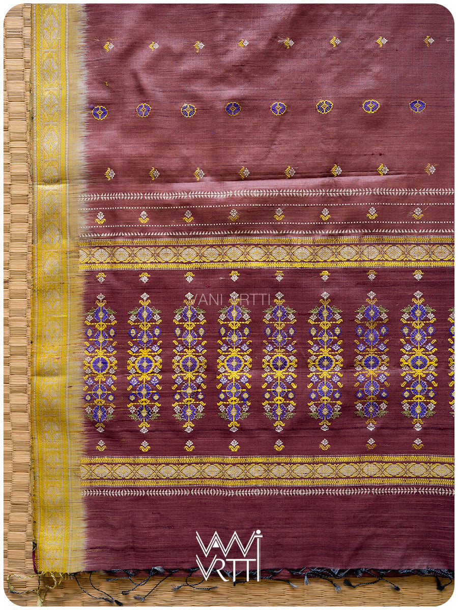 Brown Brahma Kamal Master Weave Exclusive Handspun Tussar Silk Saree