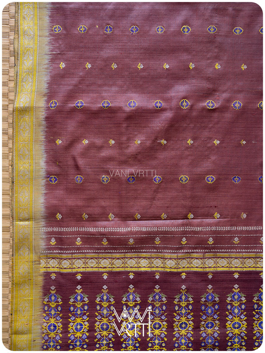 Brown Brahma Kamal Master Weave Exclusive Handspun Tussar Silk Saree