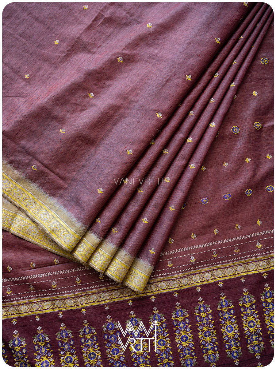 Brown Brahma Kamal Master Weave Exclusive Handspun Tussar Silk Saree