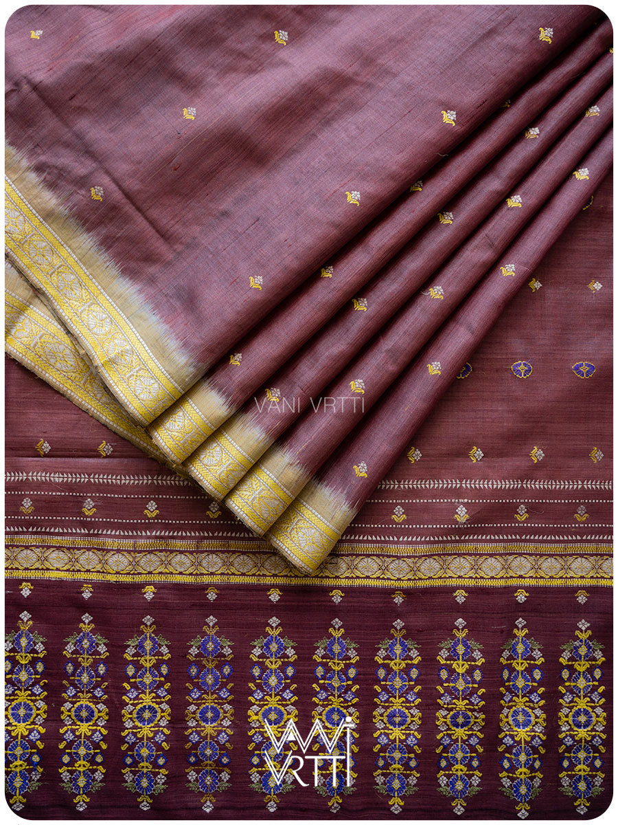 Brown Brahma Kamal Master Weave Exclusive Handspun Tussar Silk Saree