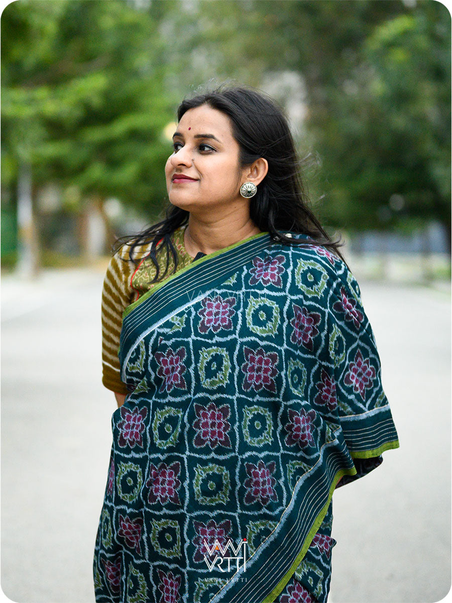 Deep Teal Blue Matsya Lily Cotton Ikat Saree