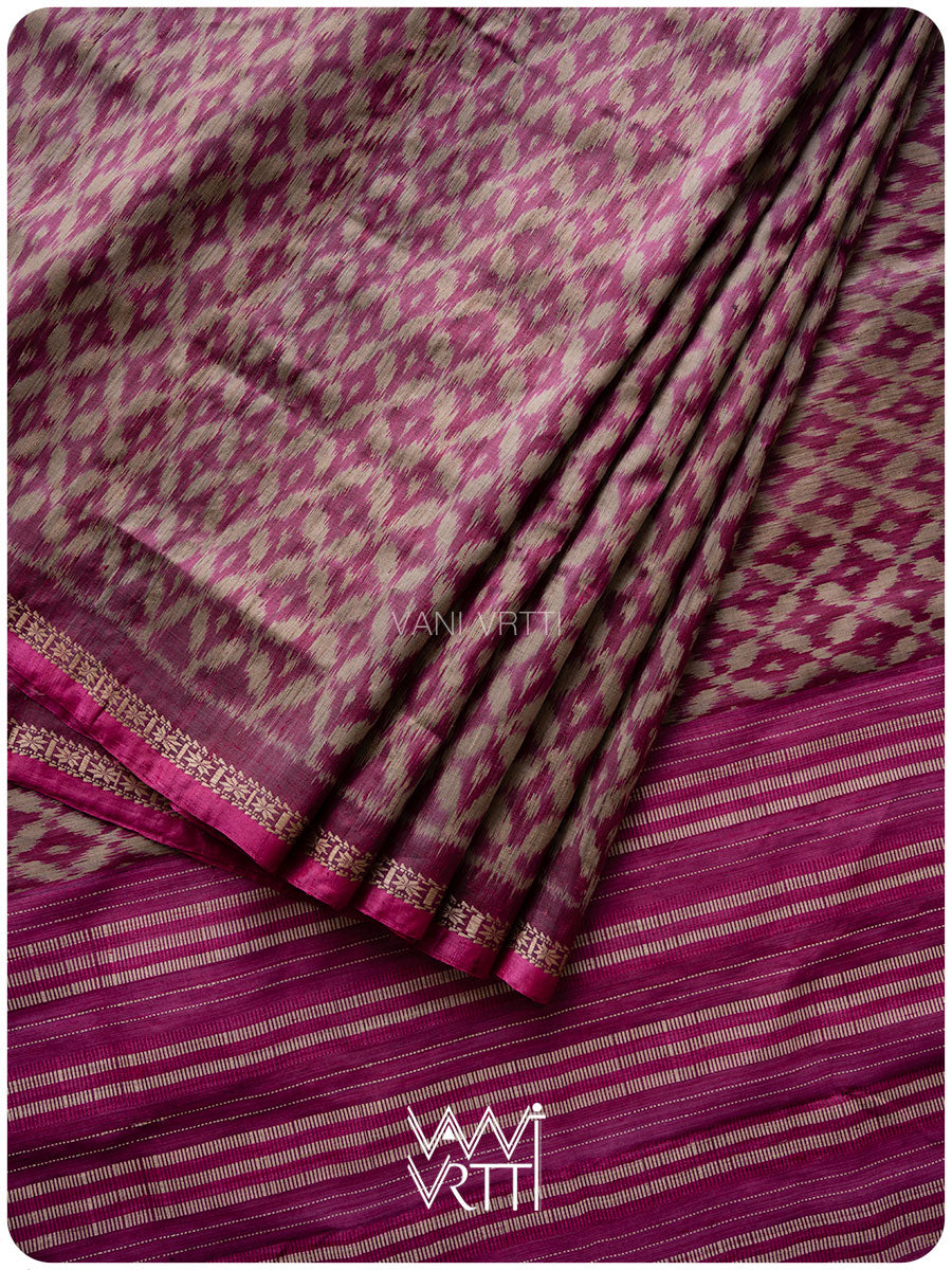 Deep Magenta Lily Ikat Handspun Tussar Silk Sari