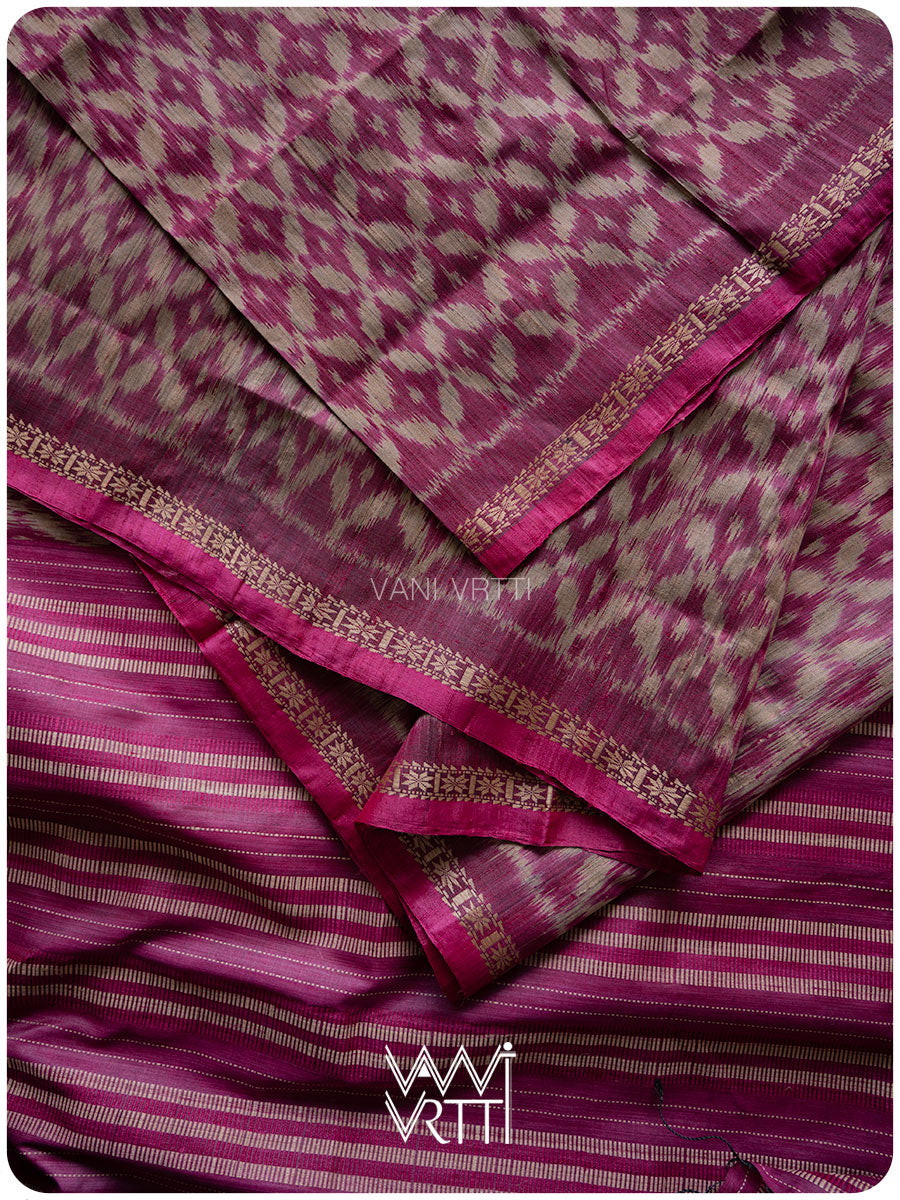 Deep Magenta Lily Ikat Handspun Tussar Silk Sari