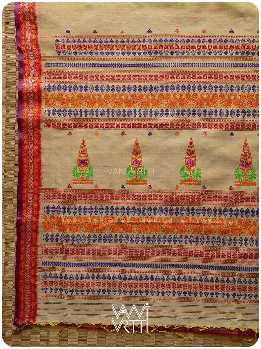 Besan Yellow Tree Of Life Handspun Tussar Silk Saree