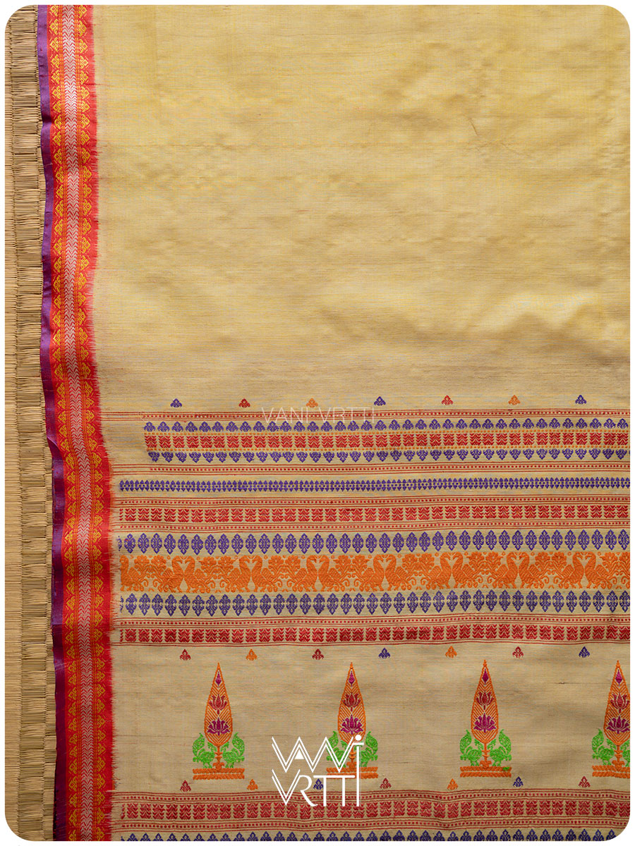 Besan Yellow Tree Of Life Handspun Tussar Silk Saree