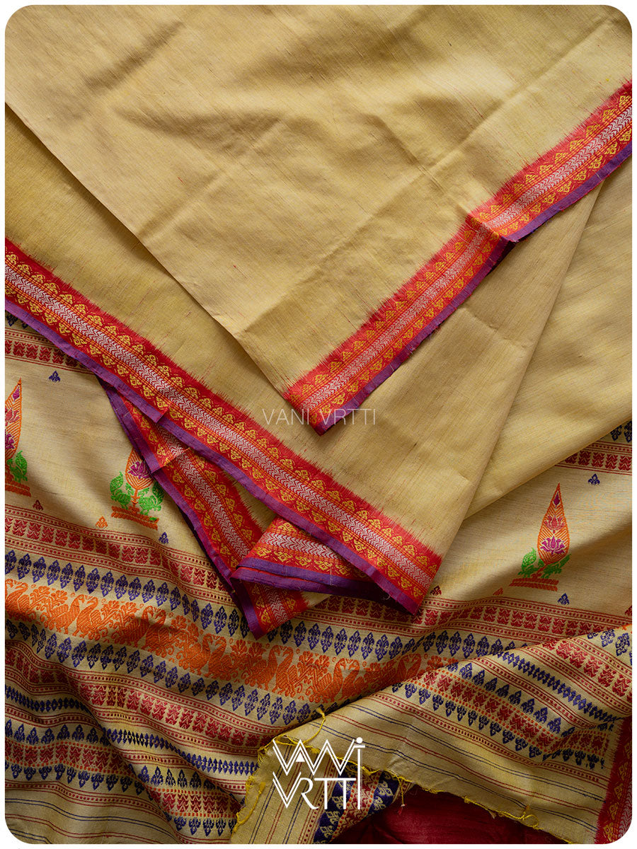 Besan Yellow Mughal Garden Exclusive Handspun Tussar Silk Saree