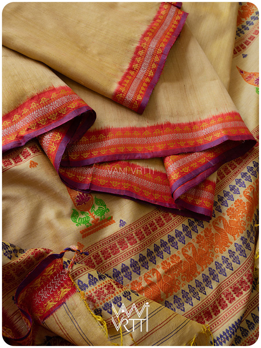 Besan Yellow Tree Of Life Handspun Tussar Silk Saree