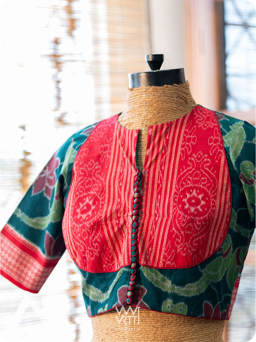 Lotus Parrot Red Ikat Yoke Cotton Blouse