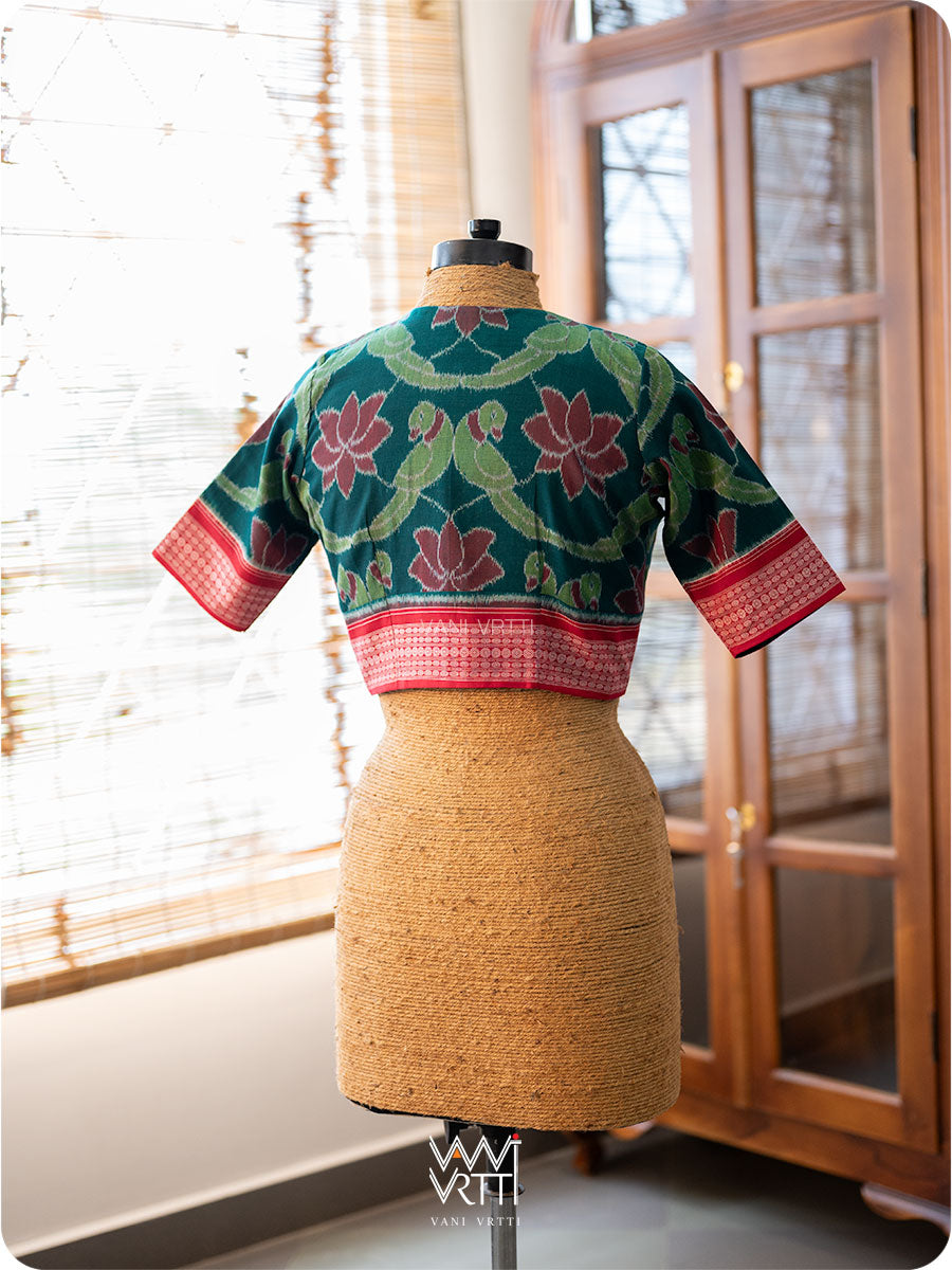 Lotus Parrot Red Ikat Yoke Cotton Blouse