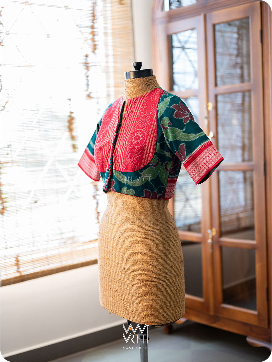 Lotus Parrot Red Ikat Yoke Cotton Blouse
