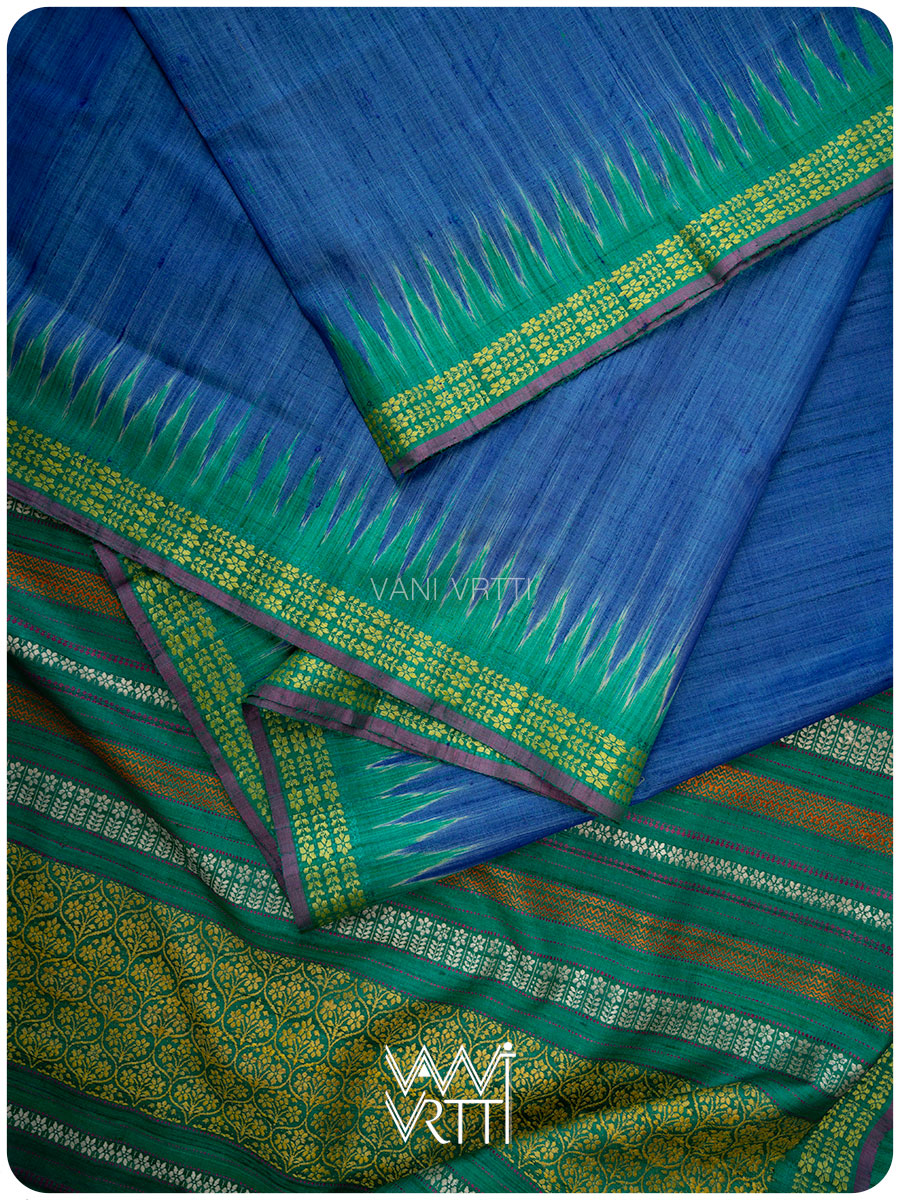 Royal Blue Emerald Green Parijat Handspun Tussar Silk Saree