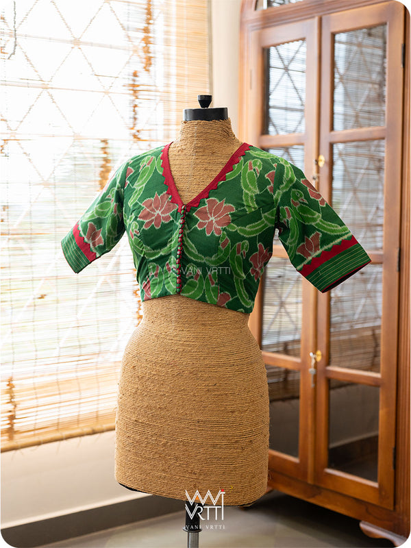 Fern Green Lotus Parrot Patchwork Cotton Ikat Blouse