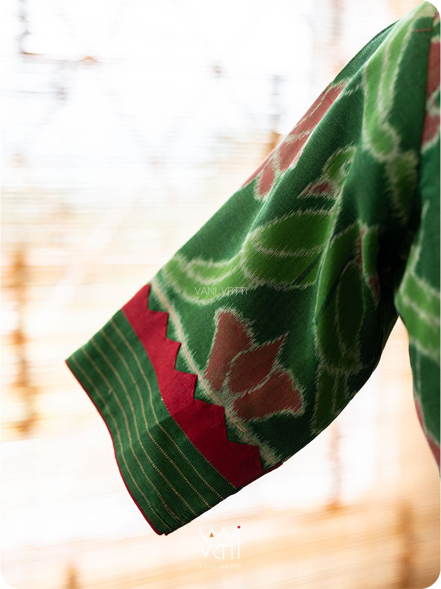 Fern Green Lotus Parrot Patchwork Cotton Ikat Blouse