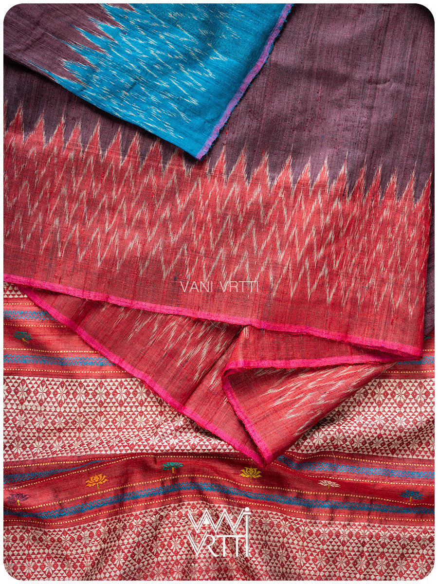 Coffee Red Firozi Ganga Jamuna Anjana Handspun Tussar Silk Saree