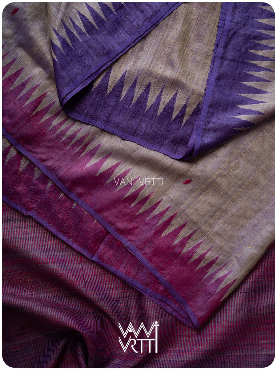 Greyish Lilac Magenta Ganga Jamuna Bristi Handspun Tussar Silk Saree