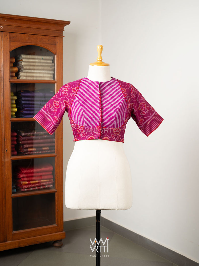 Purplish Pink Laal Jaba V Line Yoke Cotton Ikat Blouse