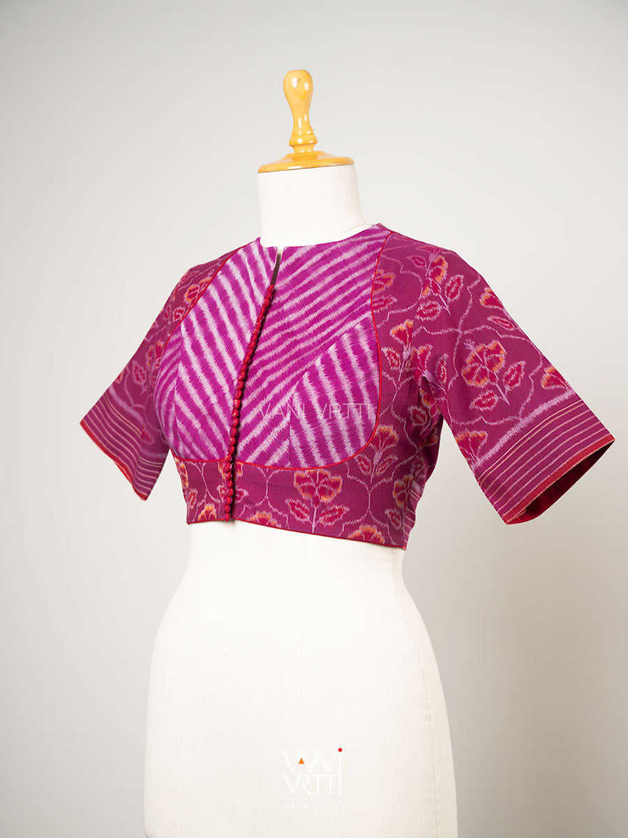 Purplish Pink Laal Jaba V Line Yoke Cotton Ikat Blouse