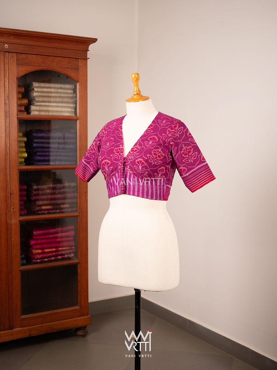 Purplish Pink Laal Jaba Deep Plunge Neck Cotton Ikat Padded Blouse