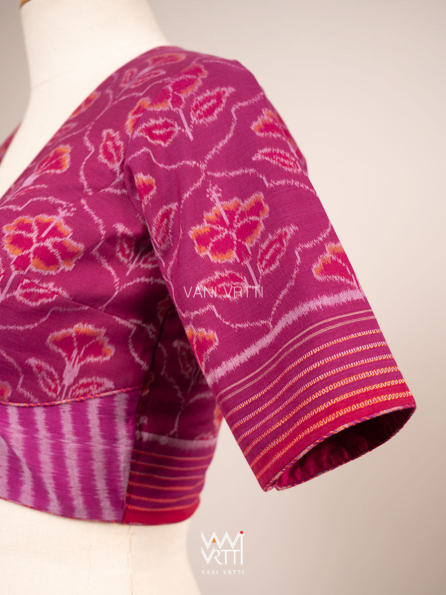 Purplish Pink Laal Jaba Deep Plunge Neck Cotton Ikat Padded Blouse