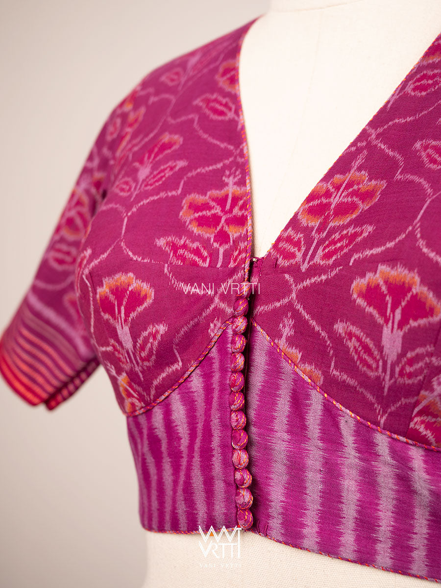 Purplish Pink Laal Jaba Deep Plunge Neck Cotton Ikat Padded Blouse