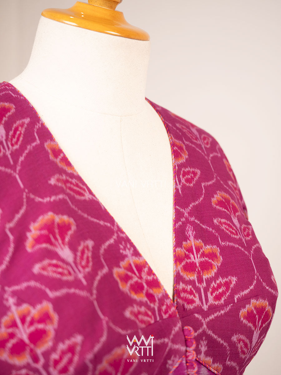 Purplish Pink Laal Jaba Deep Plunge Neck Cotton Ikat Padded Blouse