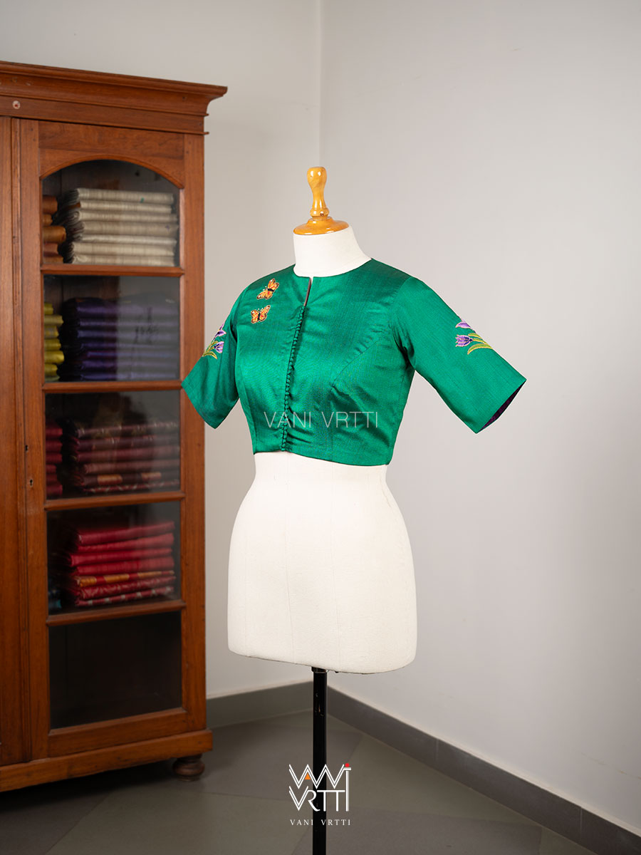 Emerald Green Saffron Flower And Monarch Butterflies Hand Embroidery Tussar Silk Blouse