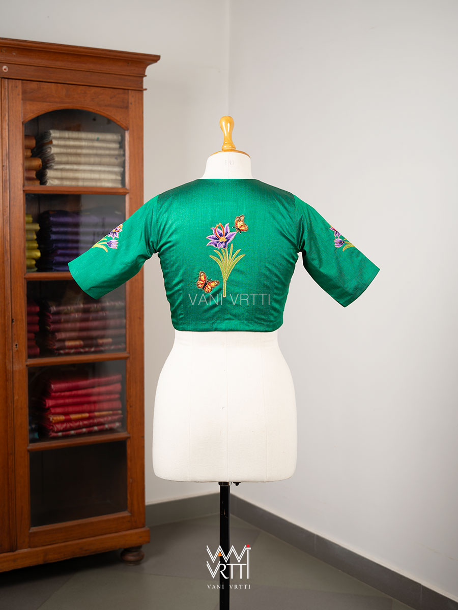 Emerald Green Saffron Flower And Monarch Butterflies Hand Embroidery Tussar Silk Blouse