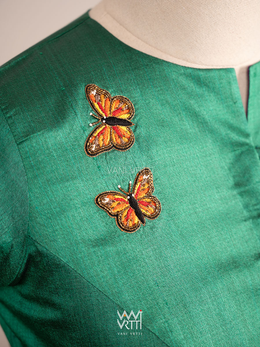 Emerald Green Saffron Flower And Monarch Butterflies Hand Embroidery Tussar Silk Blouse