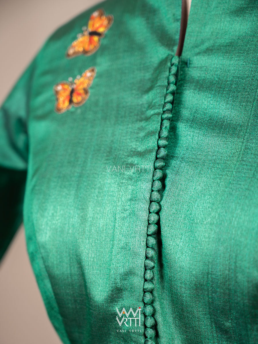 Emerald Green Saffron Flower And Monarch Butterflies Hand Embroidery Tussar Silk Blouse