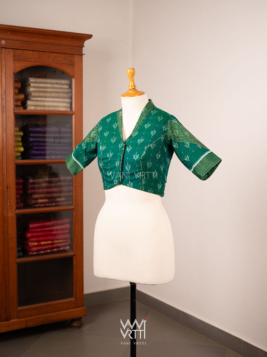 Rama Green Lotus Bud Collared Cotton Ikat Blouse
