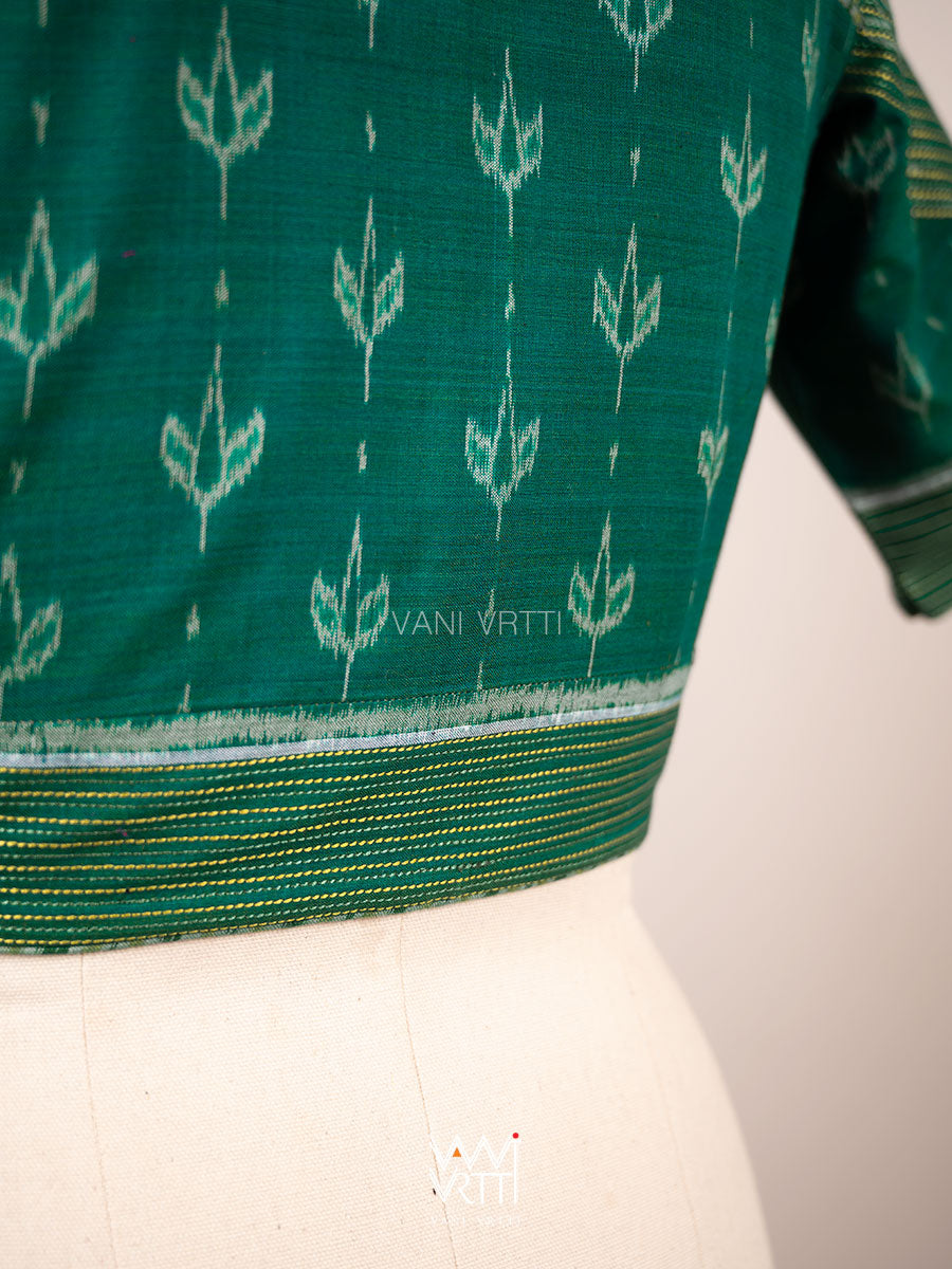 Rama Green Lotus Bud Collared Cotton Ikat Blouse