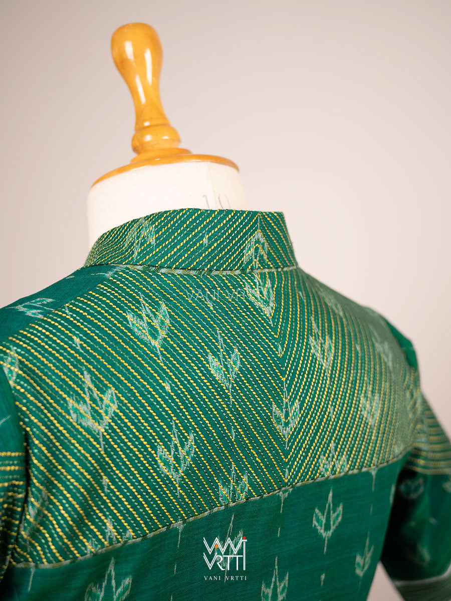 Rama Green Lotus Bud Collared Cotton Ikat Blouse