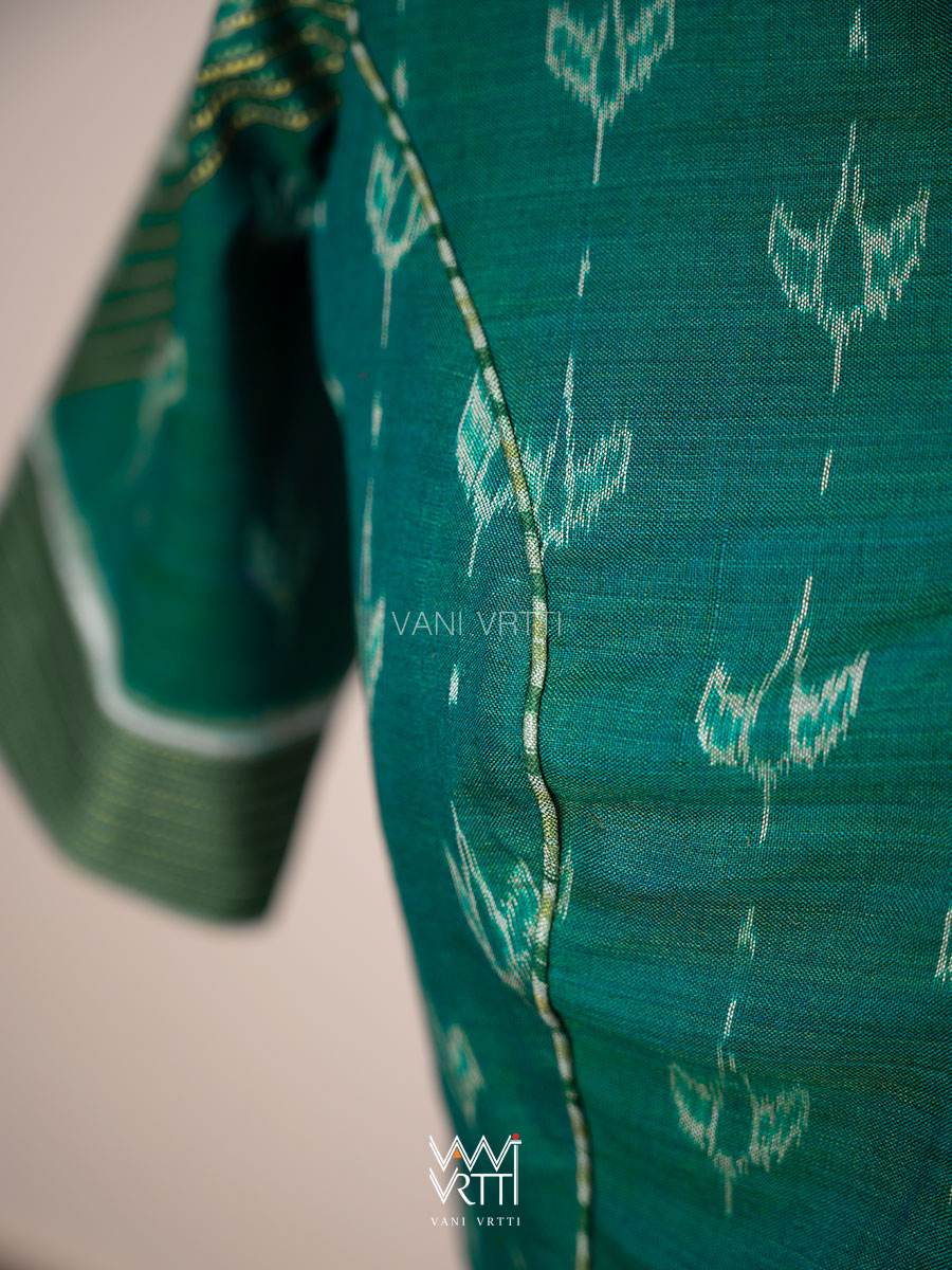 Rama Green Lotus Bud Collared Cotton Ikat Blouse