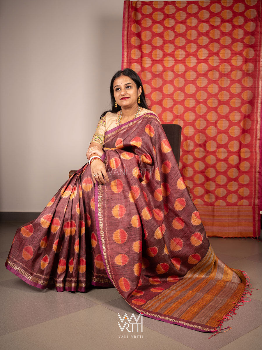 Brown Red Surya Ikat Handspun Tussar Silk Saree