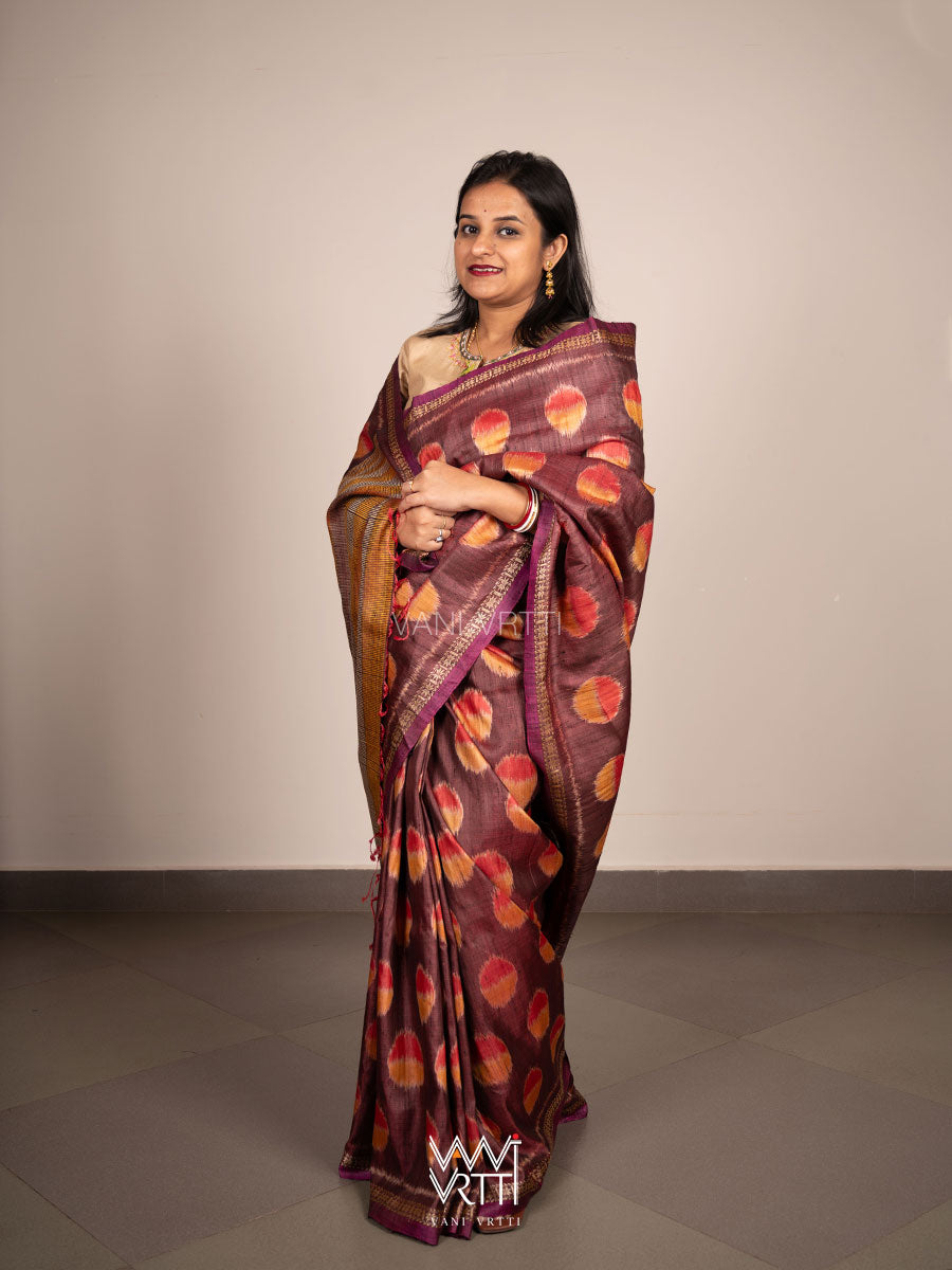 Brown Red Surya Ikat Handspun Tussar Silk Saree