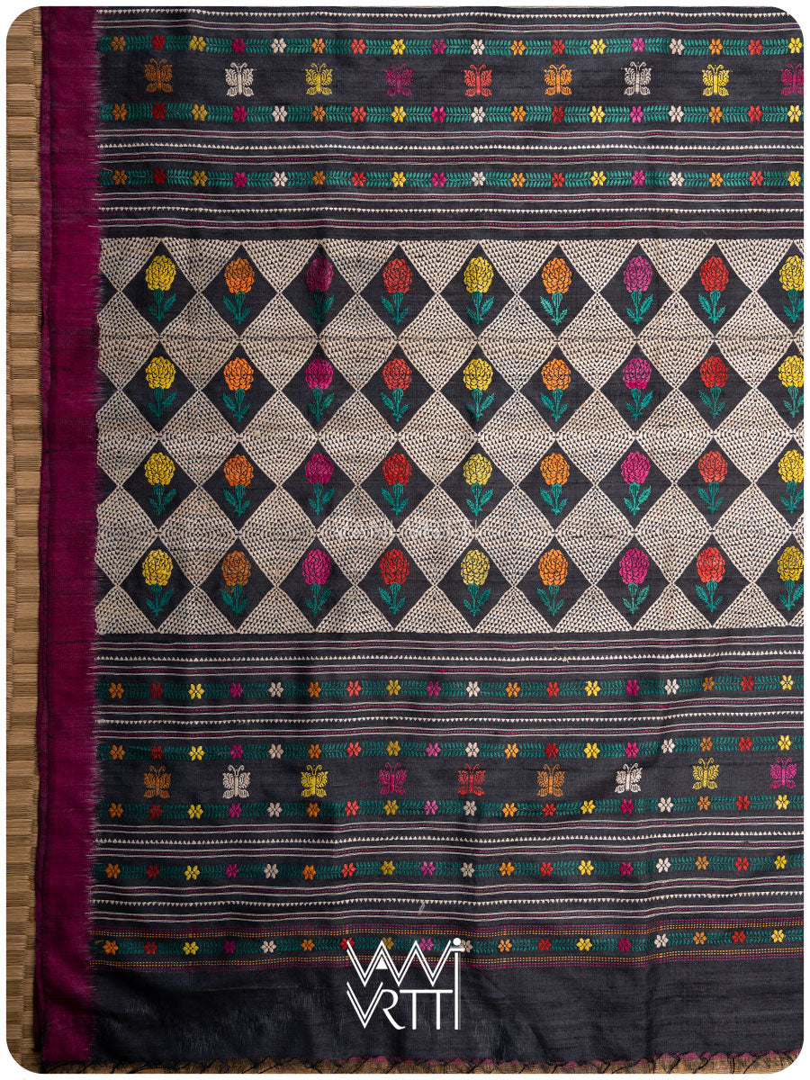 Slate Black Magenta Rust Marigold Wild Garden Master Weave Exclusive Handspun Tussar Silk Saree