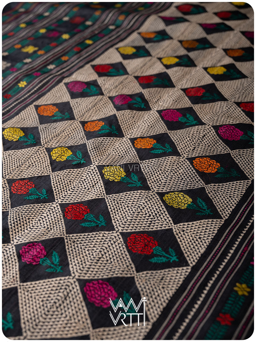 Slate Black Magenta Rust Marigold Wild Garden Master Weave Exclusive Handspun Tussar Silk Saree