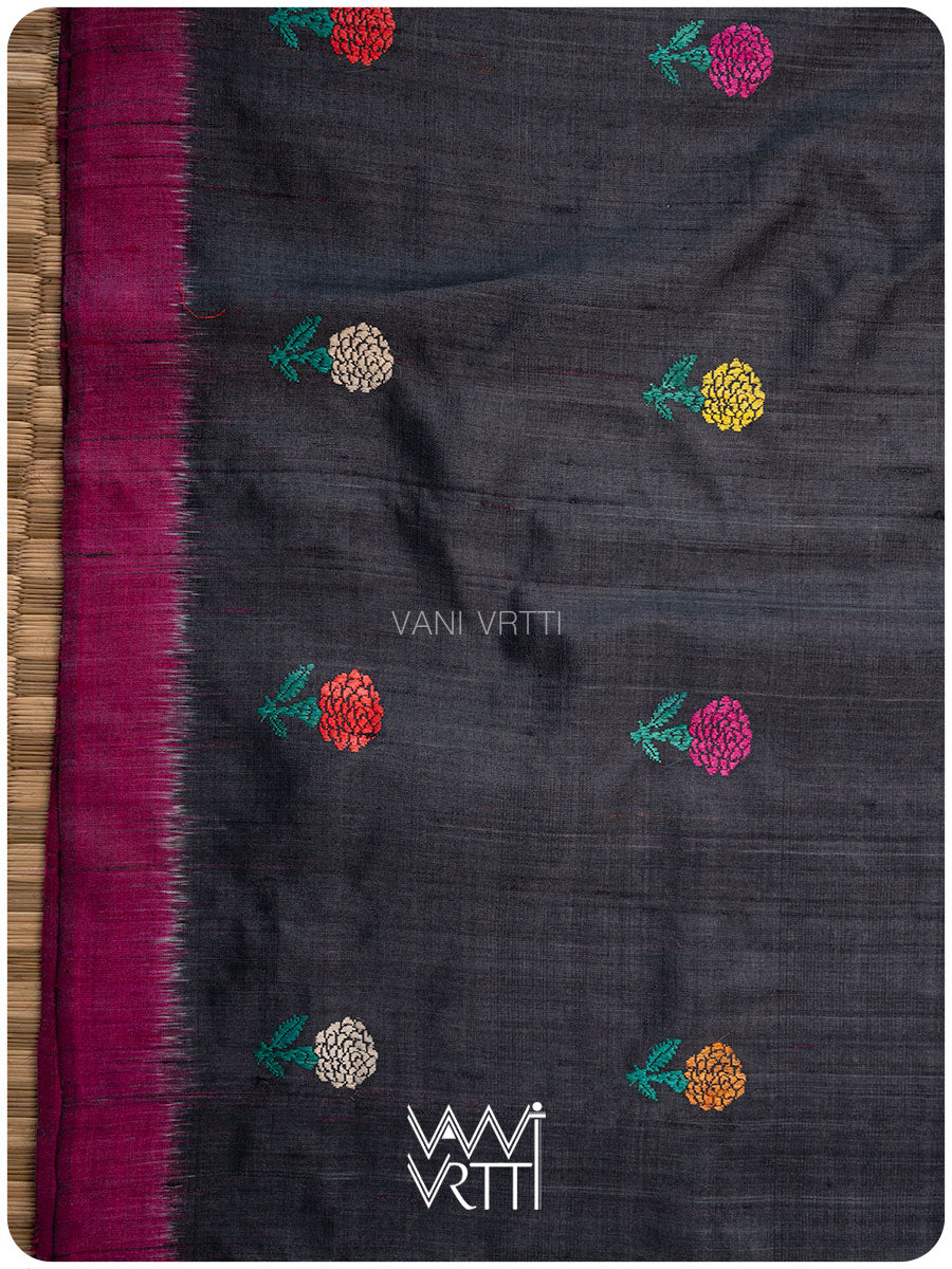 Slate Black Magenta Rust Marigold Wild Garden Master Weave Exclusive Handspun Tussar Silk Saree