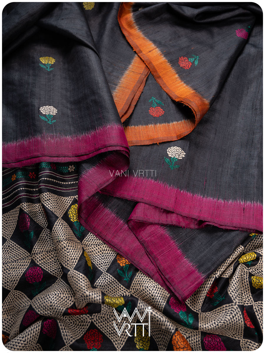 Slate Black Magenta Rust Marigold Wild Garden Master Weave Exclusive Handspun Tussar Silk Saree