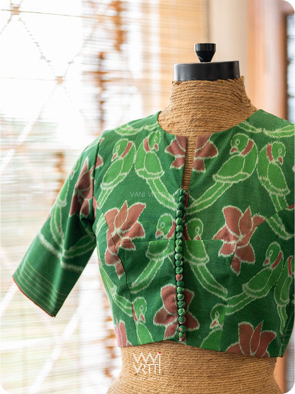 Fern Green Lotus Parrot Cotton Ikat Blouse