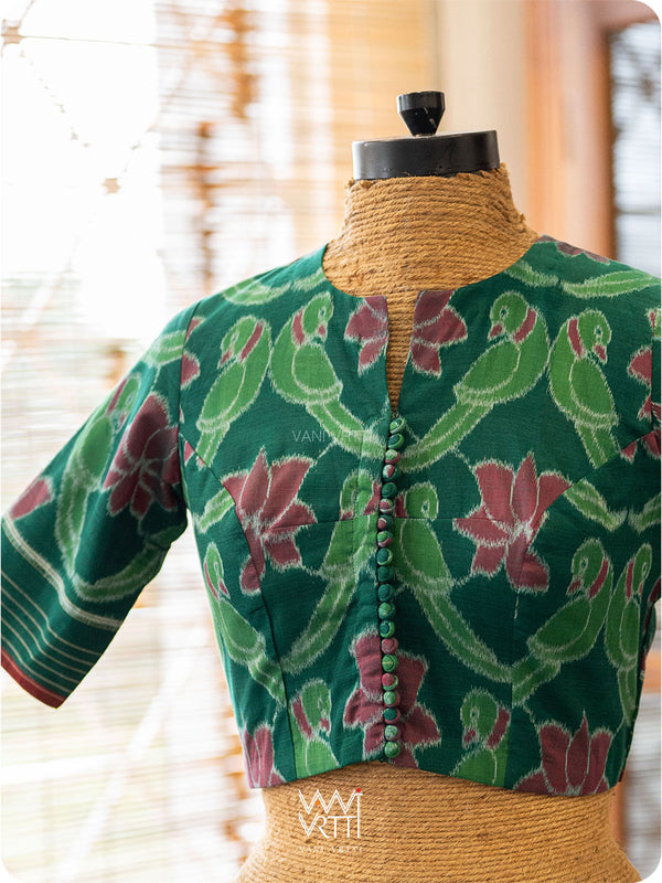 Bottle Green Lotus Parrot Fine Cotton Ikat Blouse