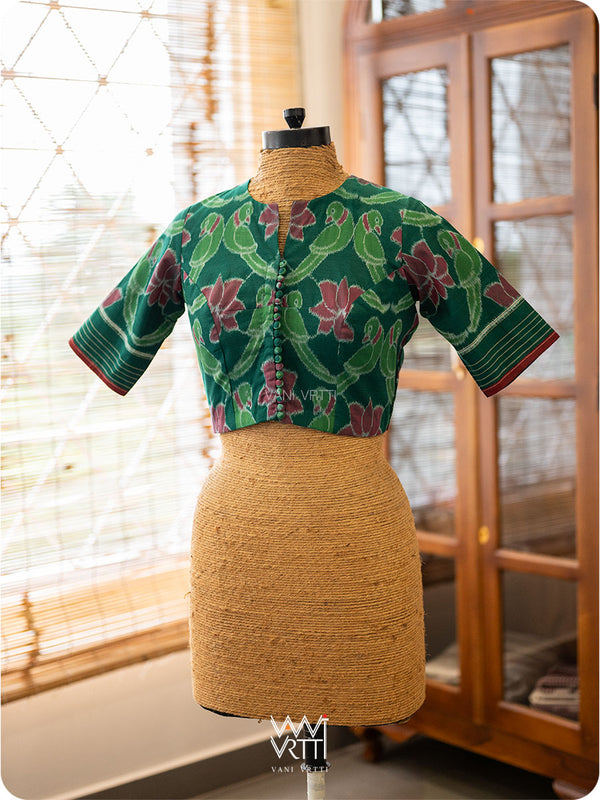 Bottle Green Lotus Parrot Fine Cotton Ikat Blouse