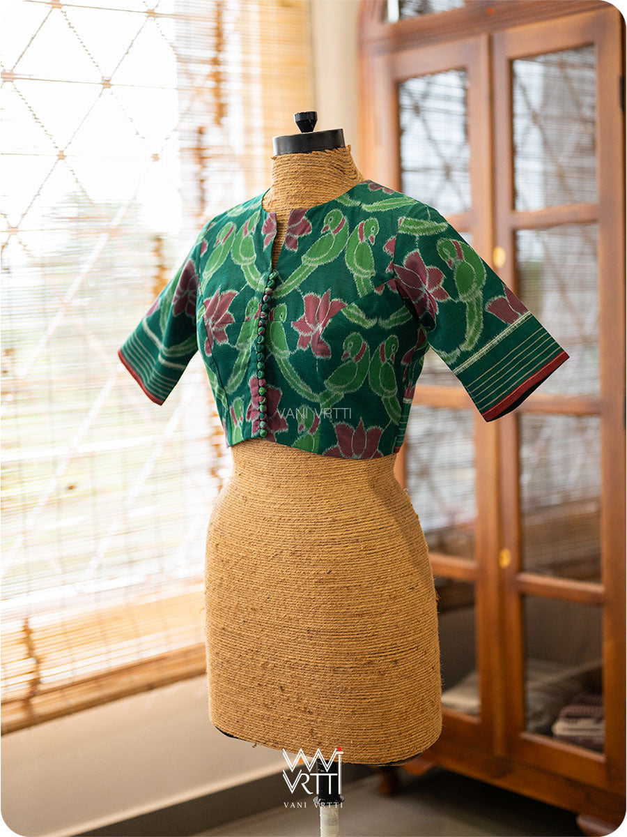 Bottle Green Lotus Parrot Fine Cotton Ikat Blouse