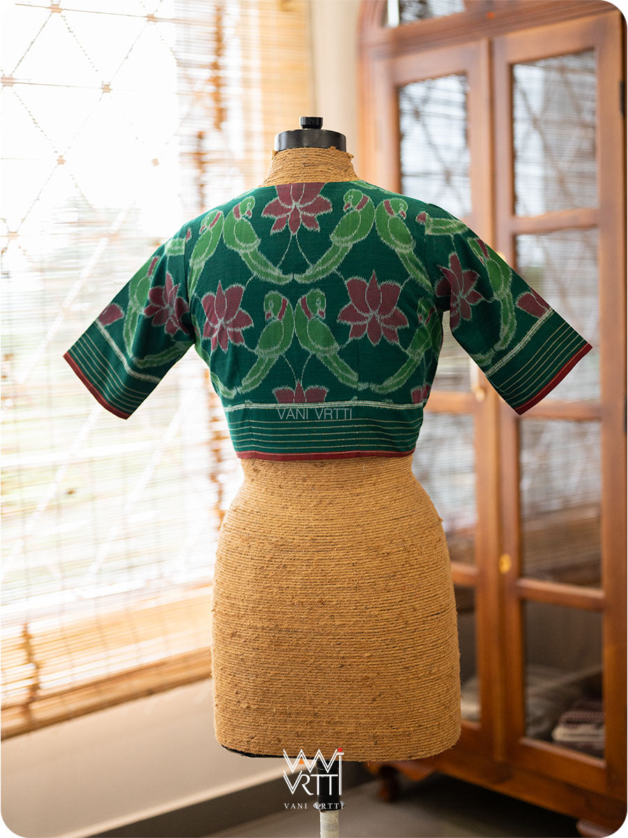 Bottle Green Lotus Parrot Fine Cotton Ikat Blouse