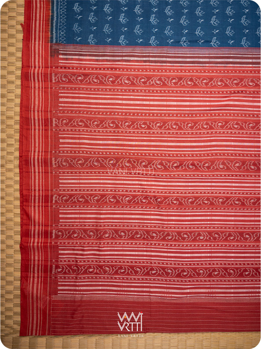 Indigo Blue Red Tea Leaf Natural Dyed Cotton Ikat Saree