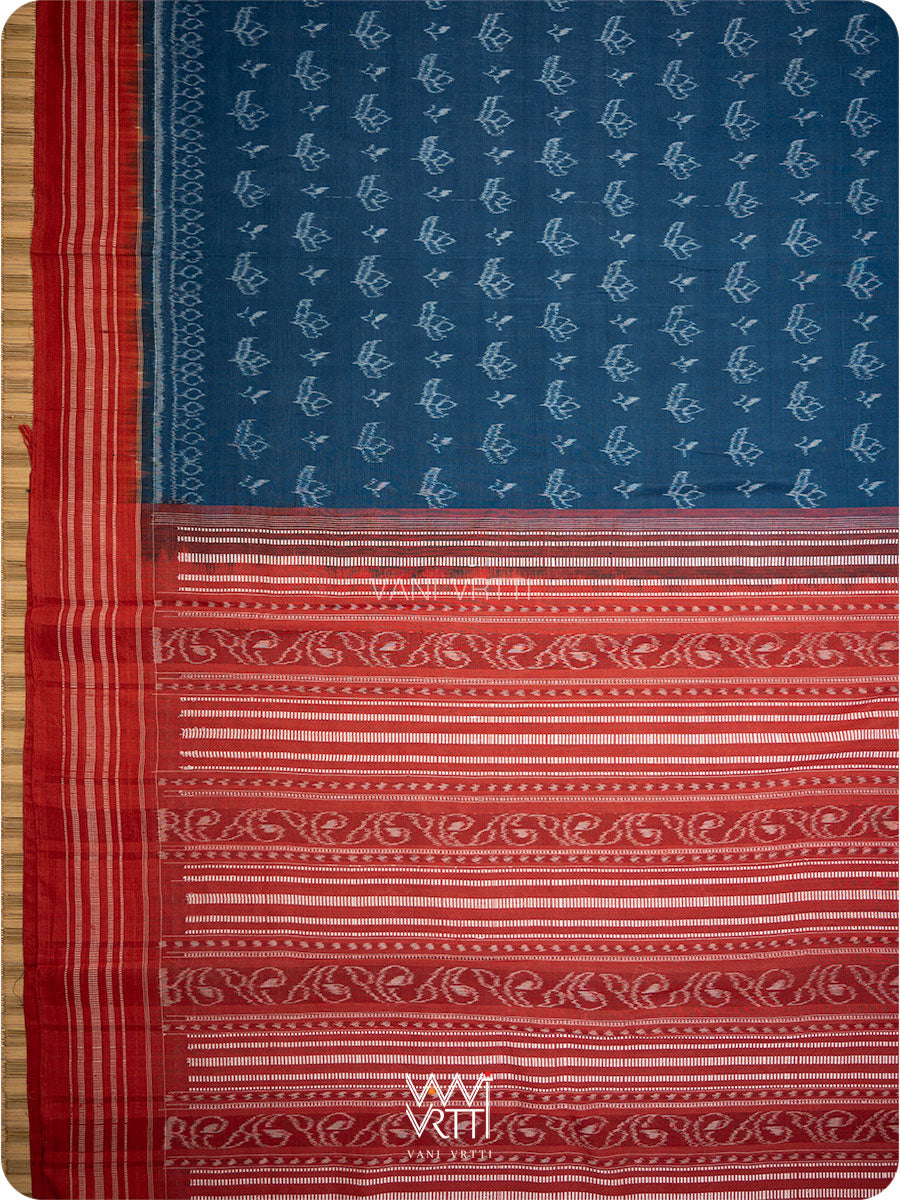 Indigo Blue Red Tea Leaf Natural Dyed Cotton Ikat Saree