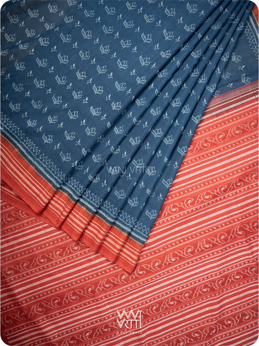 Indigo Blue Red Tea Leaf Natural Dyed Cotton Ikat Saree